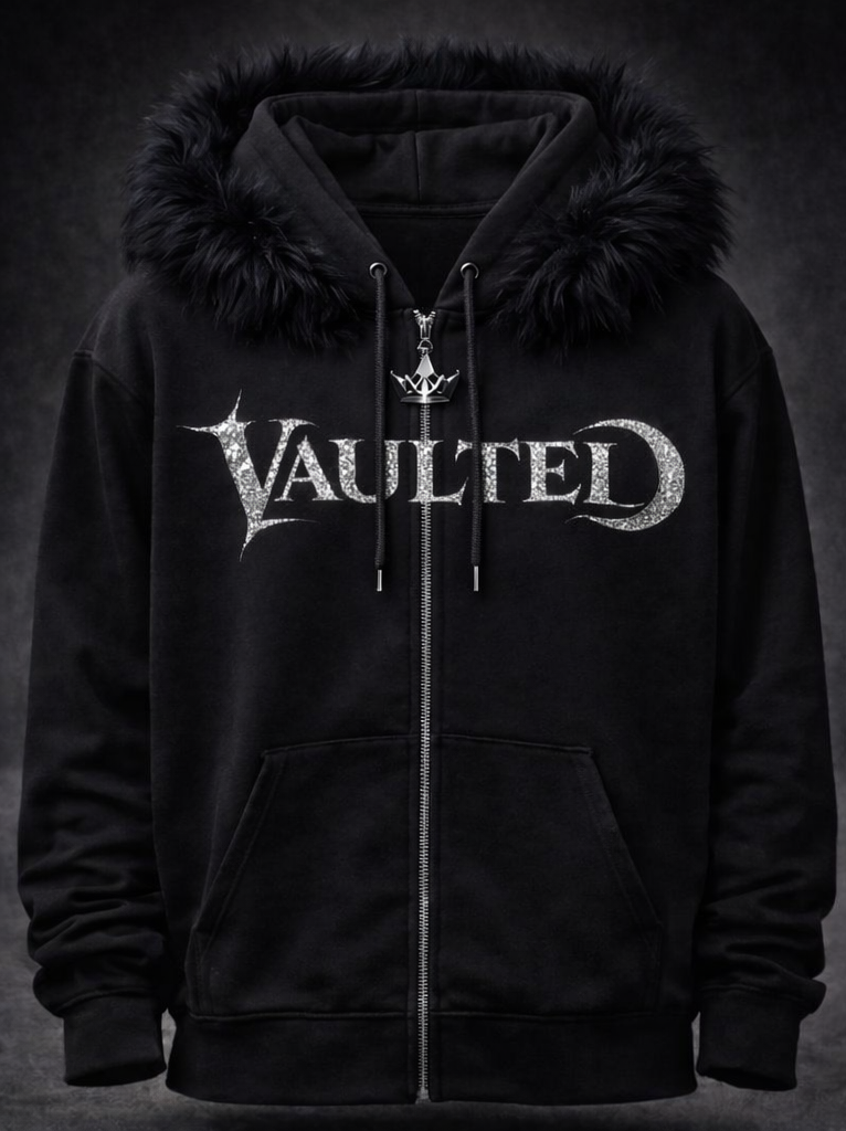 Black Fur Vaulted Rhinestone Zip Up Hoodie