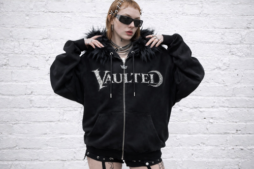 Black Fur Vaulted Rhinestone Zip Up Hoodie