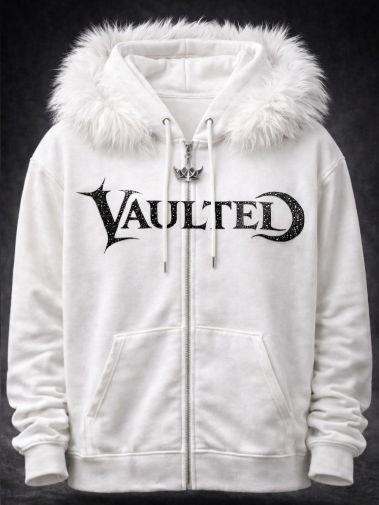 White Fur Vaulted Rhinestone Zip Up Hoodie