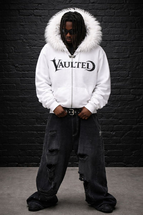 White Fur Vaulted Rhinestone Zip Up Hoodie